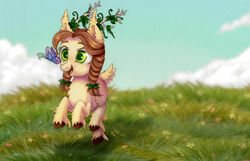 Size: 3100x2000 | Tagged: safe, artist:0okami-0ni, oc, oc only, butterfly, pony, antlers, cloud, female, grass, high res, mare, running, sky, smiling, unshorn fetlocks