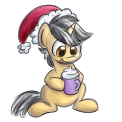 Size: 1000x1000 | Tagged: safe, artist:lbrcloud, oc, oc only, oc:yosher, pony, unicorn, :p, christmas, cup, hat, holiday, hoof hold, looking down, male, santa hat, simple background, sitting, solo, stallion, tongue out, white background