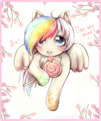 Size: 1000x1200 | Tagged: safe, artist:puddingtwilight, oc, oc only, pegasus, pony, blue eyes, blushing, border, candy, chest fluff, food, heterochromia, leaves, licking, lollipop, looking at you, pegasus oc, pink eyes, rainbow hair, signature, spackle, tongue out, wings, ych result