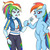 Size: 4133x4092 | Tagged: safe, artist:sumin6301, rainbow dash, human, pegasus, pony, equestria girls, equestria girls series, g4, absurd resolution, backwards cutie mark, clothes, duo, female, human ponidox, looking at each other, mare, multicolored hair, pants, self ponidox, shirt, smiling