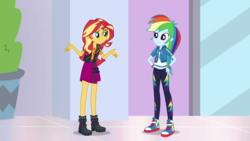 Size: 1280x720 | Tagged: safe, screencap, rainbow dash, sunset shimmer, a fine line, equestria girls, g4, my little pony equestria girls: better together, boots, clothes, converse, female, geode of empathy, geode of super speed, high heel boots, jacket, leather jacket, legs, magical geodes, pants, shoes, skirt, sneakers