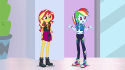 Size: 1280x720 | Tagged: safe, screencap, rainbow dash, sunset shimmer, a fine line, equestria girls, equestria girls series, g4, boots, clothes, converse, female, geode of empathy, geode of super speed, high heel boots, jacket, leather jacket, legs, magical geodes, mall, pants, shoes, skirt, sneakers