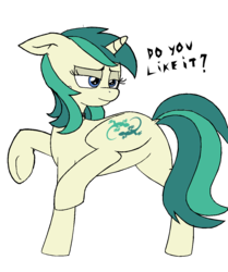 Size: 1086x1300 | Tagged: safe, artist:tyamat, oc, oc only, oc:spring starflower, pony, unicorn, butt, choker, cute, featureless crotch, female, freckles, lidded eyes, male to female, plot, raised hoof, raised leg, simple background, smiling, trans female, transgender, transparent background