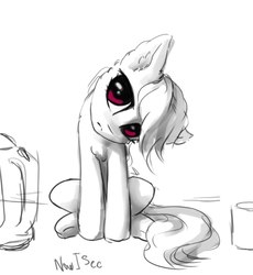 Size: 712x773 | Tagged: safe, artist:inowiseei, oc, oc only, pony, chest fluff, cute, ear fluff, female, head tilt, looking at you, mare, monochrome, partial color, sitting, solo