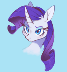 Size: 1165x1250 | Tagged: safe, artist:xenon, rarity, pony, unicorn, g4, blue background, bust, curved horn, ear fluff, female, horn, looking at you, makeup, mare, simple background, solo