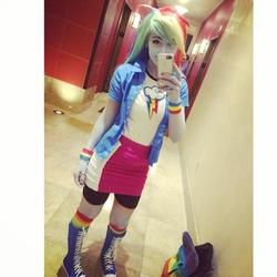 Size: 600x600 | Tagged: safe, artist:cosplayhazard, rainbow dash, human, equestria girls, g4, bodypaint, clothes, converse, cosplay, costume, female, irl, irl human, photo, rainbow socks, shoes, socks, solo, striped socks