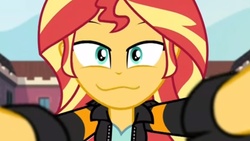 Size: 1280x720 | Tagged: safe, edit, edited screencap, screencap, sunset shimmer, equestria girls, g4, my little pony equestria girls: friendship games, :3, bedroom eyes, canterlot high, cropped, faic, inverted mouth, looking at you, she knows, smugset shimmer