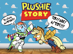 Size: 1604x1200 | Tagged: safe, artist:dan232323, applejack, rainbow dash, g4, buzz lightyear, crossover, male, pose, to infinity and beyond, toy story, woody, yelling, you are a toy