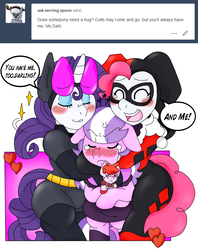 Size: 2191x2763 | Tagged: safe, artist:blackbewhite2k7, diamond tiara, pinkie pie, rarity, g4, ask, baby doll, batman, catwoman, clothes, comforting, cosplay, costume, crying, dc comics, doll, female, group hug, harley quinn, high res, hug, pinkie quinn, toy, tumblr, tumblr comic