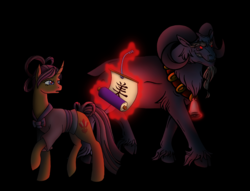 Size: 3573x2723 | Tagged: safe, artist:westphalianartist, grogar (g1), sable spirit, pony, sheep, campfire tales, g1, g4, atmosphere, bell, black background, clothes, curved horn, dark magic, darkness, evil, evil grin, facial hair, g1 to g4, generation leap, glowing, glowing eyes, goatee, grin, headcanon, high res, horn, magic, magic aura, over the shoulder, ram, red eyes, scroll, simple background, smiling, story in the source, story included, vaguely asian robe, young, young sable spirit, younger