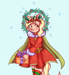 Size: 1200x1302 | Tagged: safe, artist:notira, oc, oc only, oc:sunny sweet, unicorn, anthro, anthro oc, cape, christmas wreath, clothes, female, floral head wreath, flower, kneesocks, looking at you, mare, present, smiling, socks, solo, striped socks, wreath, ych result