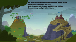 Size: 1280x720 | Tagged: source needed, safe, edit, edited screencap, screencap, fluttershy, twilight sparkle, alicorn, pony, g4, season 5, the hooffields and mccolts, barn, fortress, mountain, quote, smokey mountains, the tale of flibber-o-loo, tree, twilight sparkle (alicorn), valley, veggietales