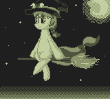 Size: 160x144 | Tagged: safe, artist:zoiby, oc, oc only, oc:sugar spell, pony, broom, crescent moon, flying, flying broomstick, game boy, hat, monochrome, moon, pixel art, solo, witch hat