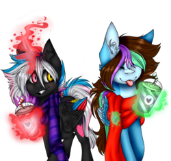 Size: 922x866 | Tagged: safe, artist:ohflaming-rainbow, oc, oc only, oc:flaming rainbow, oc:luna painter, alicorn, pegasus, pony, clothes, colored wings, female, glowing horn, heterochromia, horn, magic, mare, milkshake, multicolored wings, scarf, simple background, telekinesis, transparent background