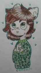 Size: 434x768 | Tagged: safe, artist:cactus-control, oc, oc only, original species, :p, bandaid, bandaid on nose, clothes, cup, green eyes, heart, simple background, sweater, tongue out, traditional art, white background