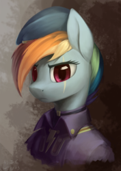 Size: 1812x2563 | Tagged: safe, artist:draconidsmxz, rainbow dash, pegasus, pony, fallout equestria, g4, bust, clothes, eye scar, fanfic, fanfic art, female, hat, looking at you, mare, ministry mares, ministry of awesome, scar, solo, uniform, wings