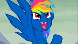 Size: 1280x719 | Tagged: safe, screencap, rainbow dash, pony, g4, secrets and pies, adorapiehater, cute, evil pie hater dash, fangs, female, flying, hnnng, solo