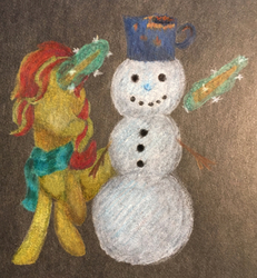 Size: 2556x2772 | Tagged: safe, artist:pony-from-everfree, sunset shimmer, pony, unicorn, g4, clothes, female, high res, magic, scarf, snowman, solo, traditional art