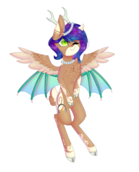Size: 2269x2816 | Tagged: safe, artist:ohhoneybee, oc, oc only, oc:sweet galaxy, original species, seraph, antlers, bat wings, cloven hooves, female, high res, mare, multiple wings, one eye closed, reindeer antlers, simple background, solo, transparent background, wink