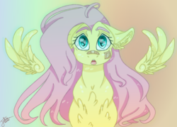 Size: 1395x1000 | Tagged: safe, artist:smileyjoke36, fluttershy, pegasus, pony, g4, amazed, bandaid, bandaid on nose, bust, chest fluff, ear fluff, eye reflection, female, floating wings, floppy ears, looking at something, looking at you, mare, open mouth, portrait, reflection, solo