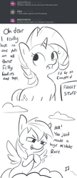 Size: 1650x3808 | Tagged: safe, artist:tjpones, rainbow dash, rarity, pegasus, pony, unicorn, g4, clothes, cloud, comic, dialogue, discord (program), duo, female, frilly, grayscale, looking back, looking up, mare, monochrome, music notes, rainbow dumb, reverse psychology, scheming, simple background, white background