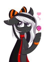 Size: 2731x3674 | Tagged: safe, artist:mimihappy99, oc, oc only, oc:puppet, earth pony, pony, bow, candy, clothes, costume, female, food, hair bow, halloween, heart, heart eyes, high res, holiday, hoof hold, lollipop, mare, simple background, solo, transparent background, wingding eyes