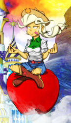 Size: 537x929 | Tagged: safe, artist:pedantczepialski, applejack, oc, oc:appul, equestria girls, g4, alternate universe, apple, canterlot, clothes, cloud, cowboy hat, crossed legs, denim skirt, equestria girls: the parody series, female, floating, food, freckles, fruit, hat, lotus position, meditating, mountain, silly, sitting, skirt, solo, stetson, tongue out, who's a silly human