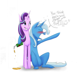 Size: 2720x2712 | Tagged: safe, artist:hippityhoppity28, starlight glimmer, trixie, pony, unicorn, g4, apple juice, blushing, don't trust wheels, drunk, female, high res, juice, mare, simple background, white background