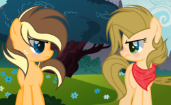 Size: 1289x795 | Tagged: safe, artist:marielle5breda, oc, oc only, oc:cider can, oc:honey, earth pony, pony, female, mare, neckerchief, offspring, parent:applejack, parent:caramel, parents:carajack