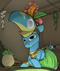 Size: 950x1125 | Tagged: safe, artist:sinrar, meadowbrook, earth pony, pony, g4, carrot, cauldron, clothes, dress, feather, female, food, garlic, healer's mask, herbs, looking at you, mare, mask, solo