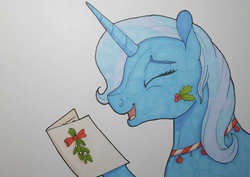 Size: 2333x1651 | Tagged: safe, artist:fia94, trixie, pony, unicorn, g4, card, christmas, female, happy, holiday, holly, mare, mistletoe, smiling, traditional art