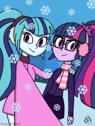 Size: 1200x1600 | Tagged: safe, artist:djgames, sci-twi, sonata dusk, twilight sparkle, equestria girls, g4, clothes, duo, earmuffs, requested art, smiling, winter outfit