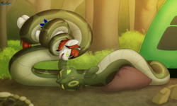 Size: 5000x3000 | Tagged: safe, artist:fluffyxai, oc, oc only, oc:melyssa, oc:twinwing, lamia, original species, pegasus, pony, snake, snake pony, campsite, coiling, coils, forest, holding a pony, hypnosis, imminent vore, kaa eyes, mind control, nervous smile, sweat, sweatdrop, wrapped up