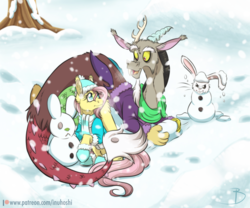 Size: 1024x850 | Tagged: safe, artist:inuhoshi-to-darkpen, angel bunny, discord, fluttershy, draconequus, pegasus, pony, g4, clothes, coat, female, looking at each other, mare, scarf, snow, snowman, winter