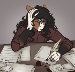 Size: 3000x2878 | Tagged: safe, artist:askbubblelee, oc, oc only, oc:walter nutt, earth pony, anthro, anthro oc, clothes, glasses, high res, male, paper, quill, shirt, solo, stallion, writing