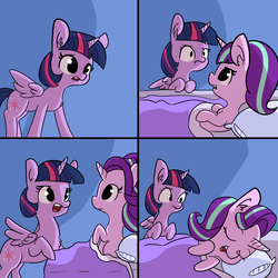 Size: 3300x3300 | Tagged: safe, artist:tjpones edits, edit, editor:dsp2003, starlight glimmer, twilight sparkle, alicorn, pony, unicorn, g4, bed, chest fluff, comic, duo, duo female, ear fluff, female, high res, looking at each other, loss (meme), mare, open mouth, textless, twilight sparkle (alicorn)