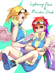 Size: 600x800 | Tagged: safe, artist:lengyou, lightning dust, rainbow dash, human, g4, boots, clothes, duo, duo female, female, goggles, humanized, shoes, uniform, winged humanization, wings, wonderbolts uniform, wristband
