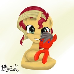 Size: 2000x2000 | Tagged: safe, artist:ec31314, sunset shimmer, oc, pony, unicorn, g4, female, high res, looking at you, plushie, red and black oc, smiling