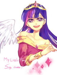 Size: 600x800 | Tagged: safe, artist:lengyou, twilight sparkle, alicorn, human, g4, magical mystery cure, bare shoulders, clothes, coronation dress, dress, female, humanized, off shoulder, open mouth, simple background, solo, twilight sparkle (alicorn), white background, wings