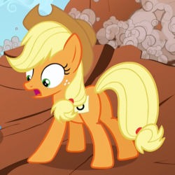 Size: 581x580 | Tagged: safe, screencap, applejack, earth pony, pony, fall weather friends, g4, butt, cropped, female, freckles, looking down, mare, open mouth, plot, solo