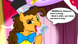 Size: 1280x720 | Tagged: safe, edit, edited screencap, screencap, cheese sandwich, pony, g4, pinkie pride, season 4, bowtie, curtains, everything you know is wrong, hat, lyrics, male, microphone, music notes, singing, solo, song reference, speech bubble, stage, top hat, voice actor joke, weird al yankovic