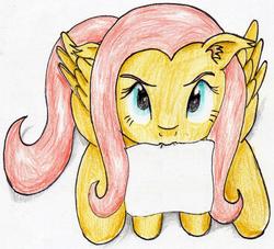 Size: 1686x1529 | Tagged: safe, artist:40kponyguy, derpibooru exclusive, fluttershy, pegasus, pony, annoyed, ear fluff, exploitable, female, floppy ears, looking at you, looking up, mouth hold, simple background, solo, traditional art, white background