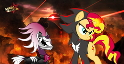 Size: 3079x1594 | Tagged: safe, artist:trungtranhaitrung, sunset shimmer, tempest shadow, pony, unicorn, g4, my little pony: the movie, crossover, infinite (character), male, shadow the hedgehog, sonic forces, sonic the hedgehog, sonic the hedgehog (series)