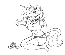 Size: 1000x844 | Tagged: safe, artist:mrs1989, princess celestia, anthro, plantigrade anthro, g4, breasts, busty princess celestia, clothes, cookie, eating, female, food, mare, monochrome, simple background, sketch, solo, white background