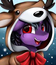 Size: 1722x2003 | Tagged: safe, artist:pridark, oc, oc only, oc:silver lun dancer, deer, pony, reindeer, animal costume, christmas, clothes, commission, costume, holiday, hoodie, kigurumi, male, open mouth, reindeer costume, smiling, snow, snowfall, solo, stallion