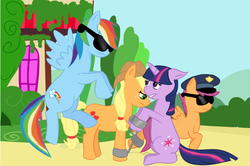 Size: 1093x726 | Tagged: safe, artist:hypercabbage, applejack, rainbow dash, scootaloo, twilight sparkle, g4, arrested, cuffs, police, police officer, police uniform, shackles, sunglasses