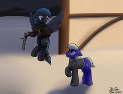Size: 2216x1690 | Tagged: safe, artist:the-furry-railfan, oc, oc only, oc:night strike, oc:static charge, earth pony, pegasus, pony, clothes, cutlery, determined, flying, fork, grenade launcher, house, jacket, knife, m79, mountain, mountain range, night, outdoors, snow, story included, weapon, worried