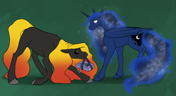 Size: 1100x600 | Tagged: safe, artist:foxenawolf, princess luna, oc, g4, bowing, fanfic, fanfic art, present, simple background