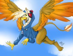 Size: 1261x974 | Tagged: safe, artist:blues64, artist:zwitterkitsune, oc, oc only, oc:ember burd, griffon, clothes, colored sketch, eared griffon, flying, griffon oc, headphones, hoodie, solo, spread wings, wings