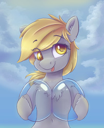 Size: 6604x8128 | Tagged: safe, artist:ardail, derpy hooves, pegasus, pony, g4, :p, absurd resolution, belly button, bubble, chest fluff, cloud, cute, derpabetes, ear fluff, female, fluffy, hoof hold, looking at you, mare, shoulder fluff, smiling, solo, tongue out, unshorn fetlocks